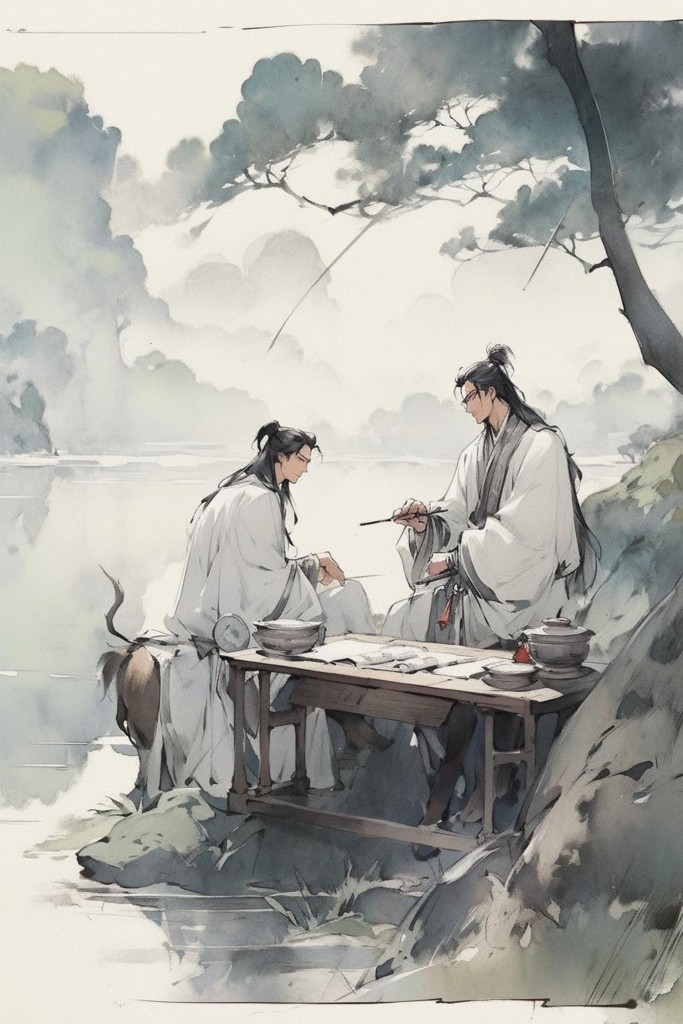 古风老者泛舟闲谈水墨插画山水雅集