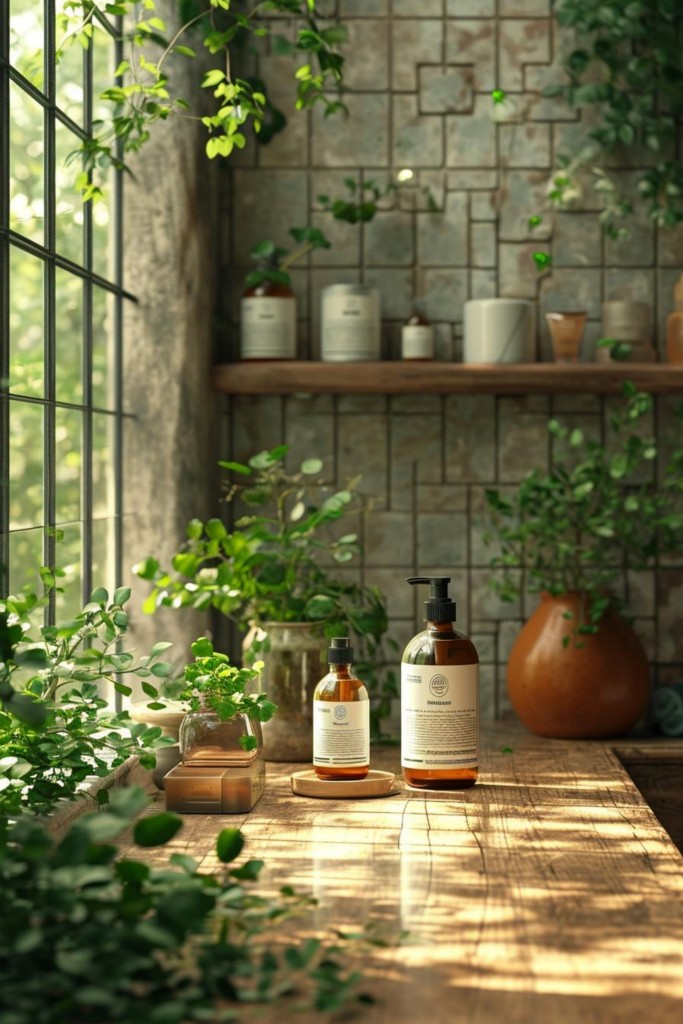 原木风天然护肤产品静物绿植窗边