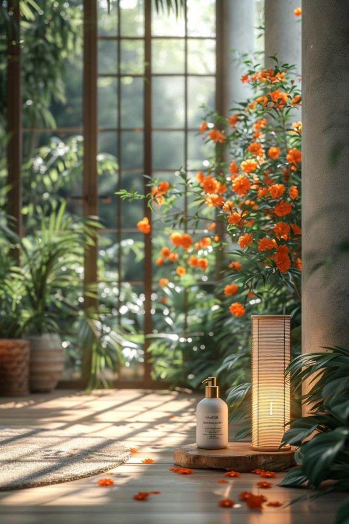 原木风天然护肤产品静物绿植窗边
