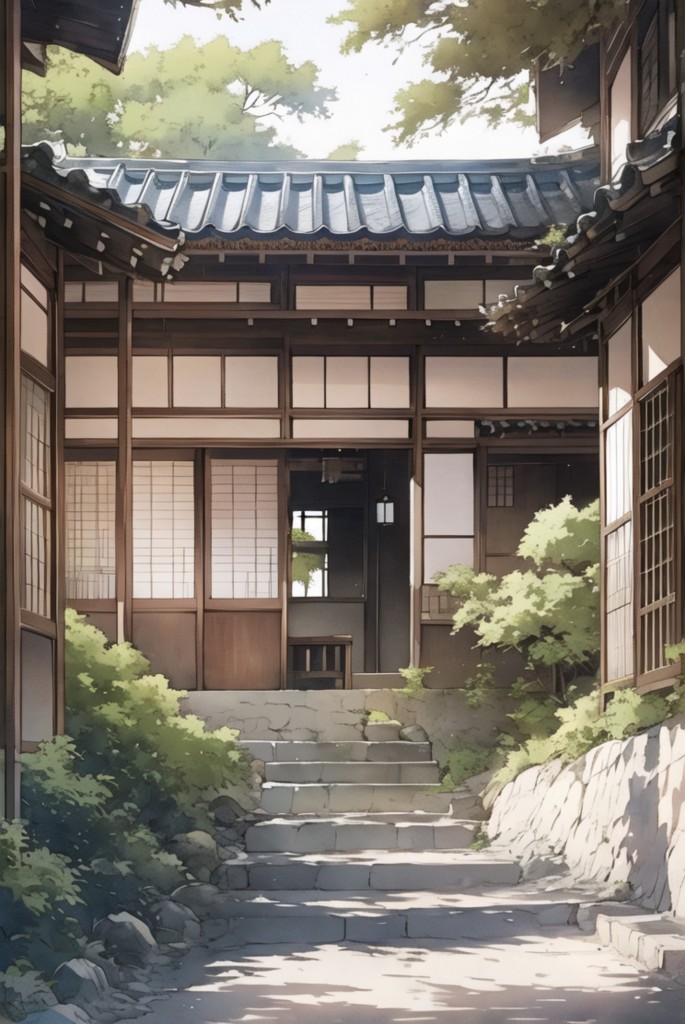 日系和式古建庭院水彩