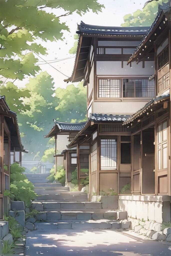 日系和式古建庭院水彩