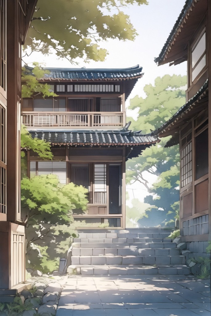 日系和式古建庭院水彩和风院落