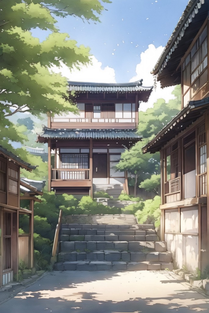 日系和式古建庭院水彩和风院落