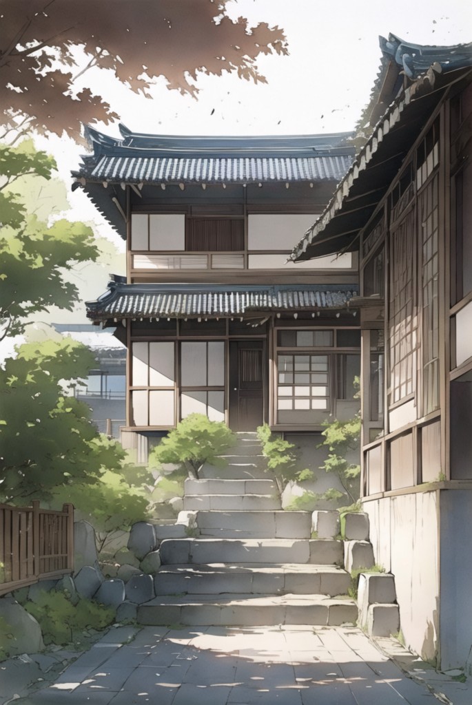 日系和式古建庭院水彩和风院落