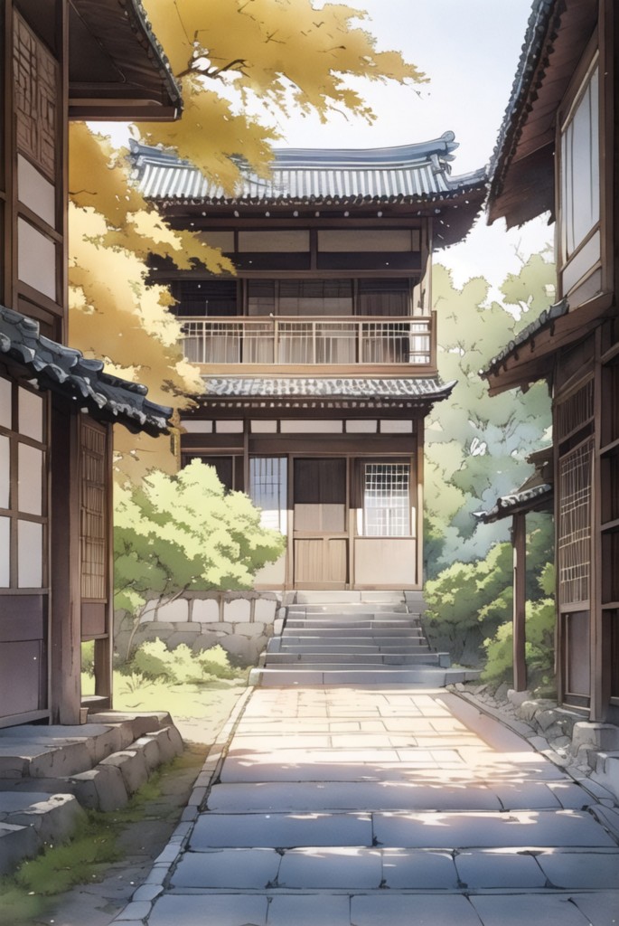 日系和式古建庭院水彩