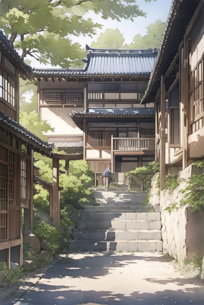 日系和式古建庭院水彩和风院落