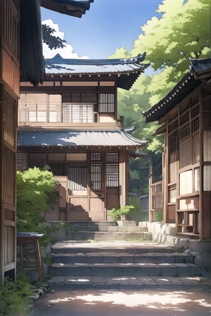 日系和式古建庭院水彩和风院落