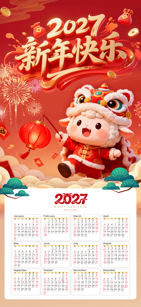2027年新年羊年日历年历挂历海报