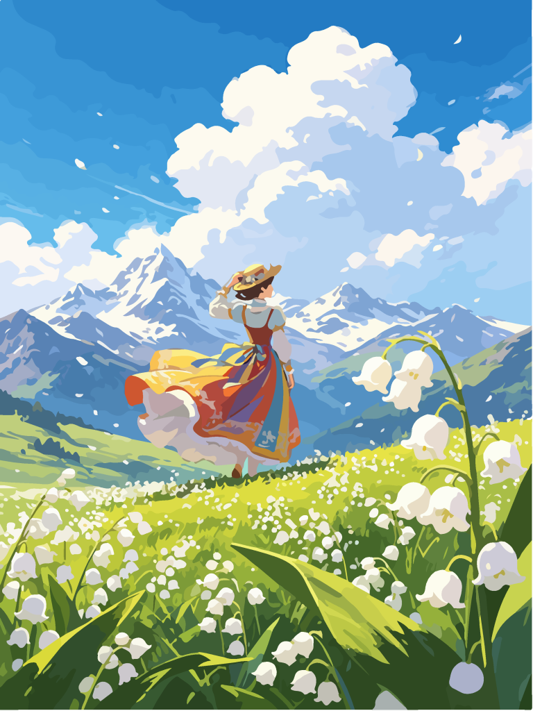 雪山草甸少女唯美插画