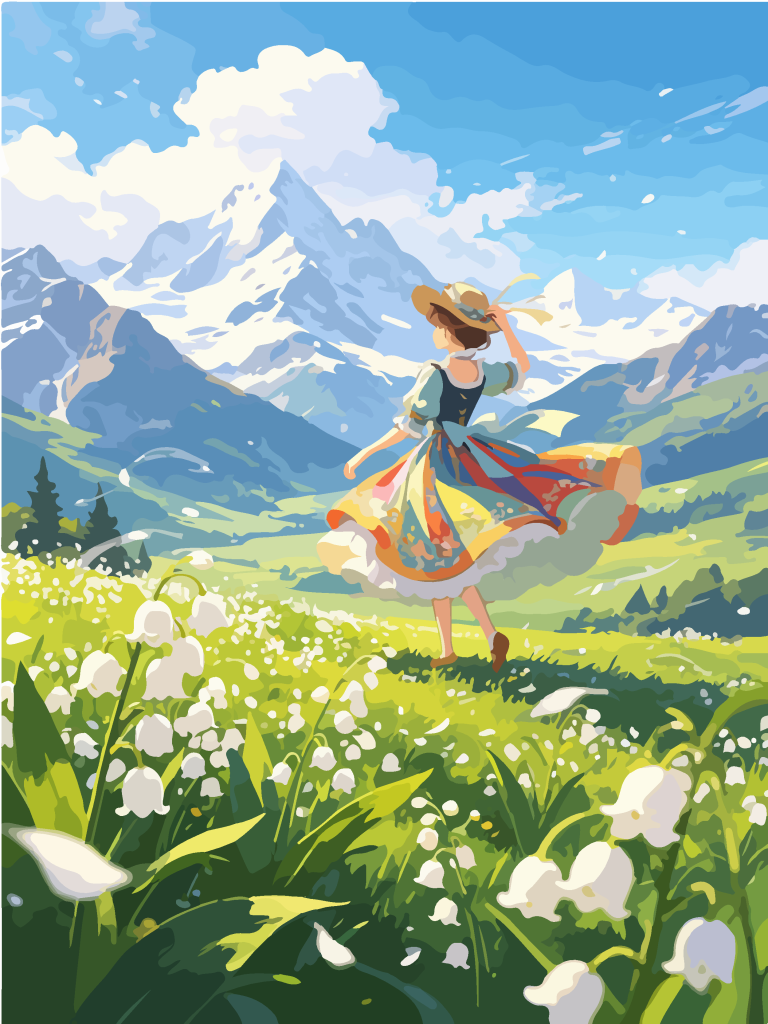 雪山草甸少女唯美插画