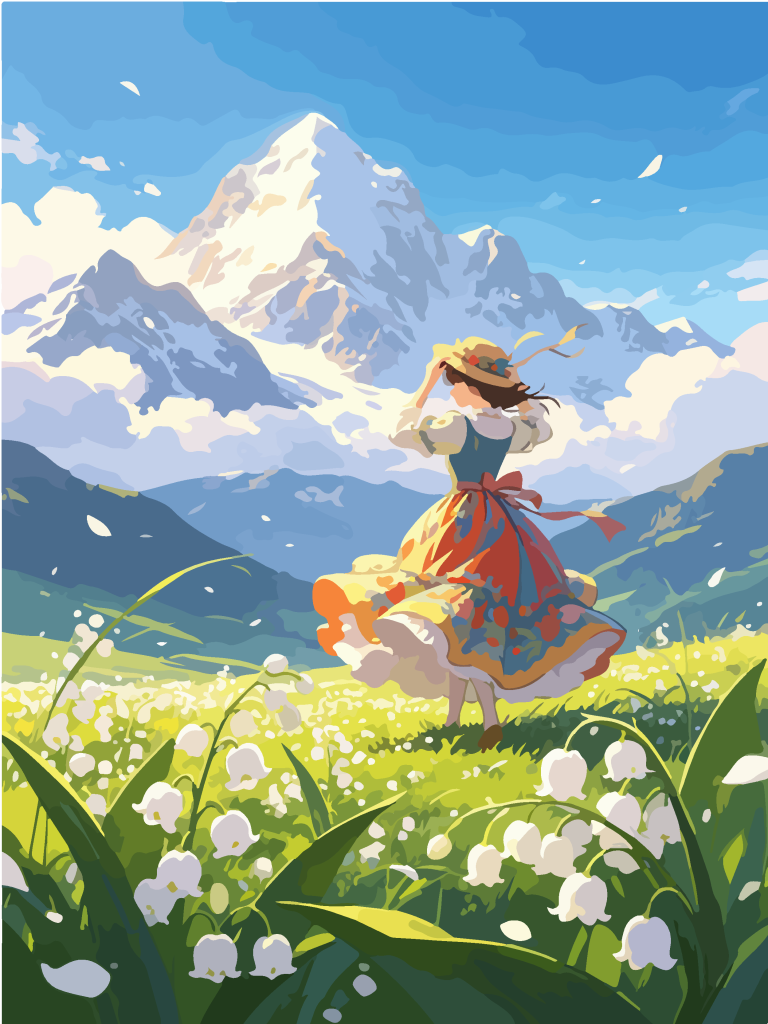 雪山草甸少女唯美插画