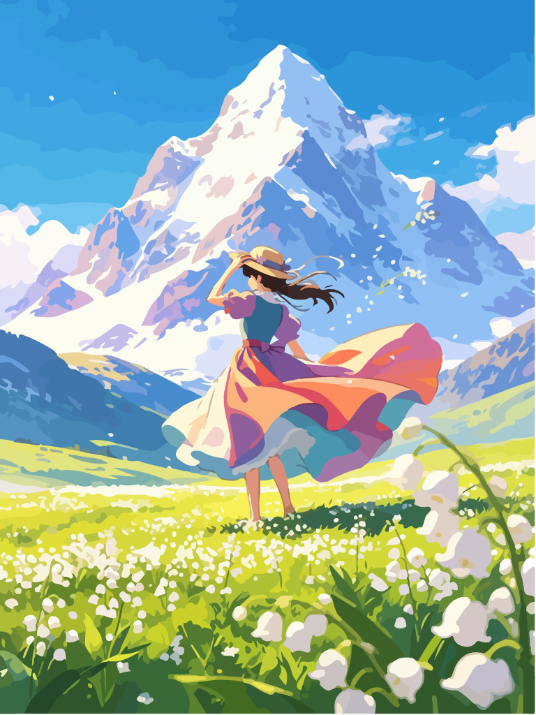 雪山草甸少女唯美插画