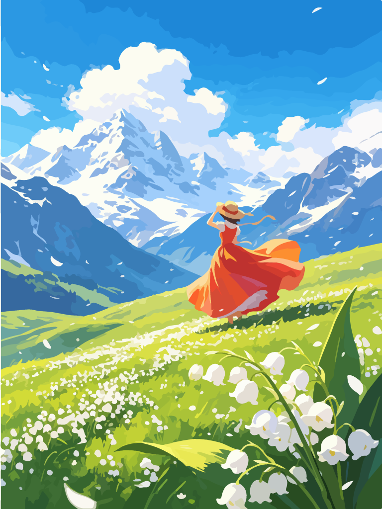 雪山草甸少女唯美插画