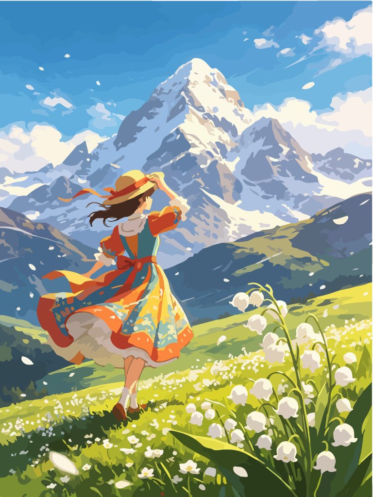 雪山草甸少女唯美插画