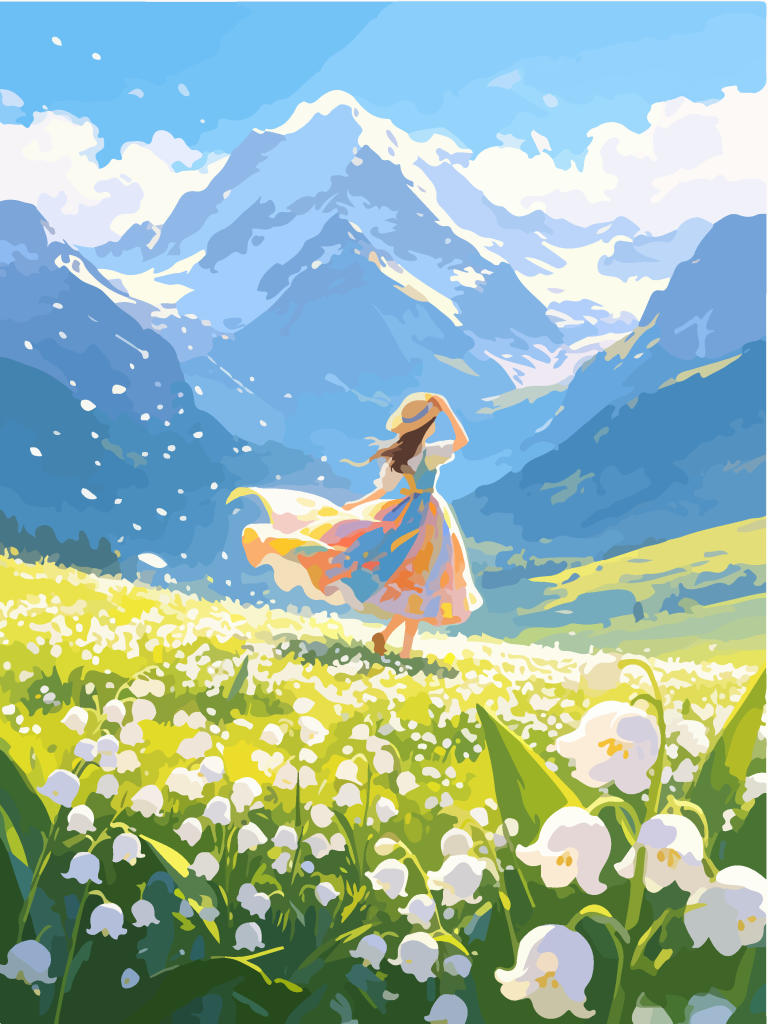 雪山草甸少女唯美插画