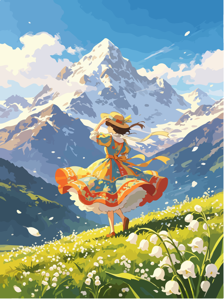 雪山草甸少女唯美插画