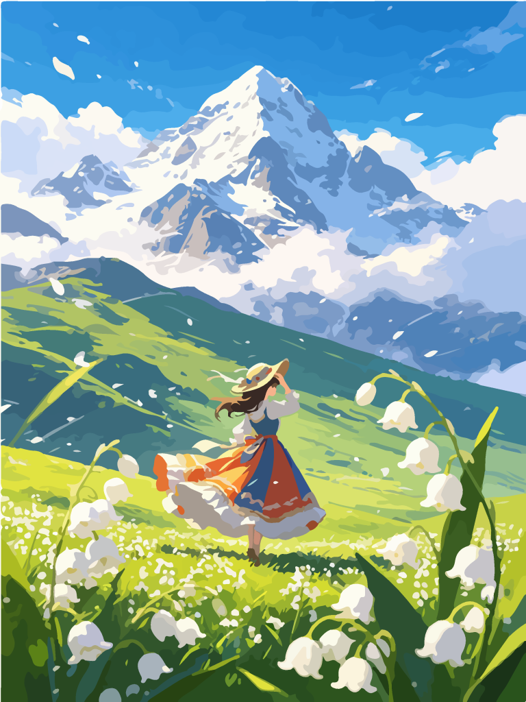 雪山草甸少女唯美插画