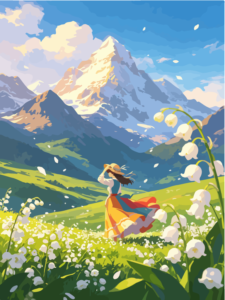 雪山草甸少女唯美插画