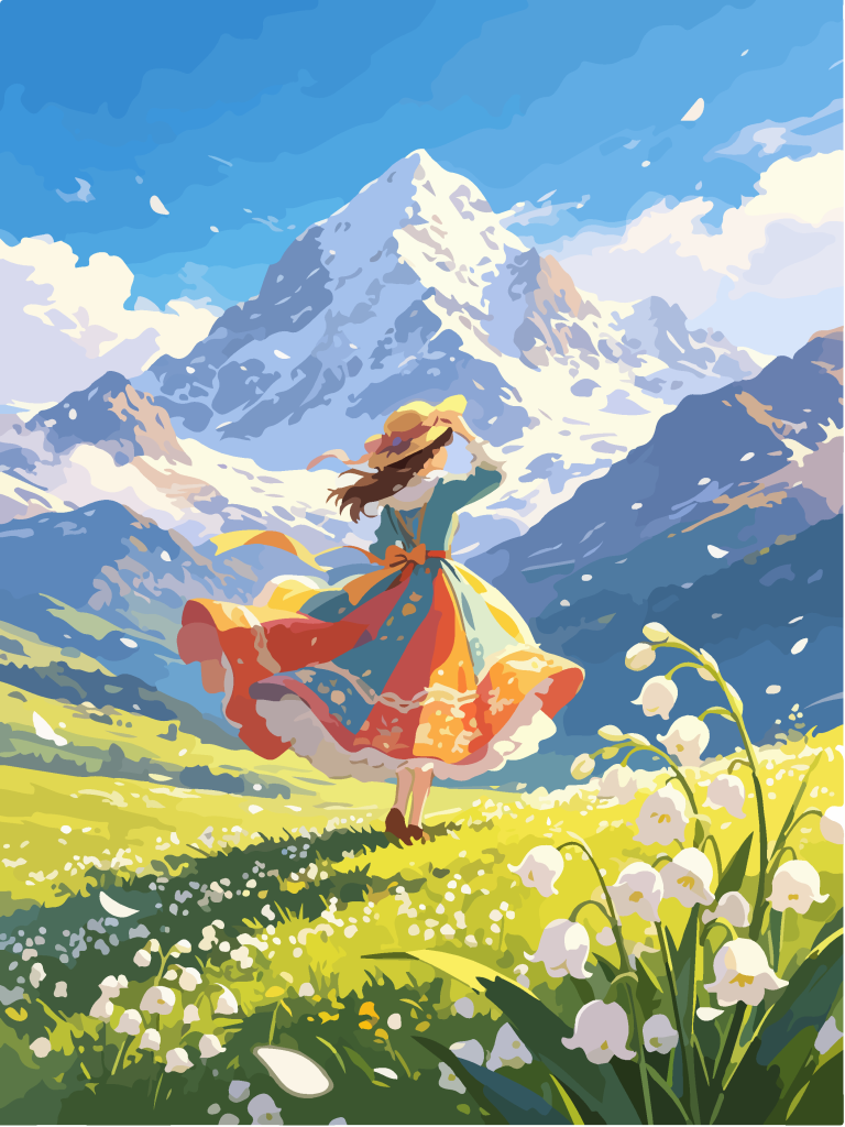 雪山草甸少女唯美插画