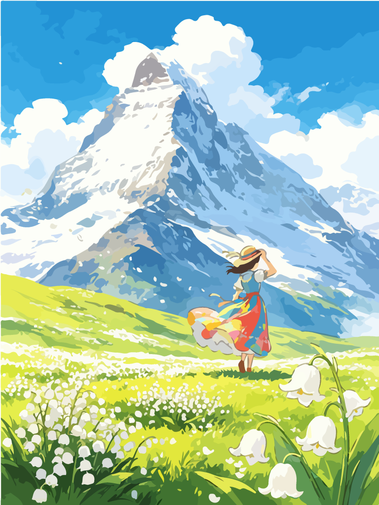 雪山草甸少女唯美插画
