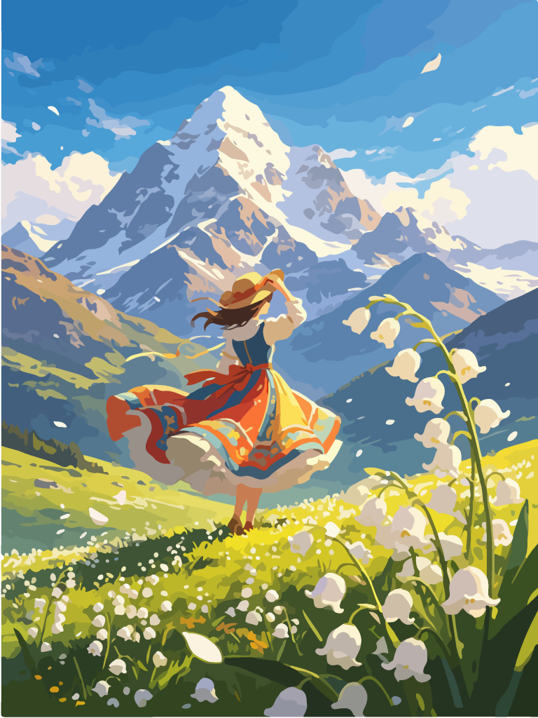 雪山草甸少女唯美插画