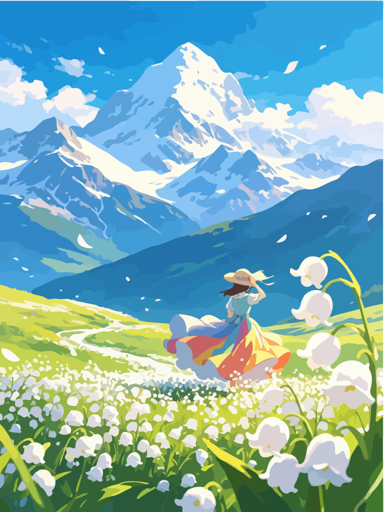 雪山草甸少女唯美插画