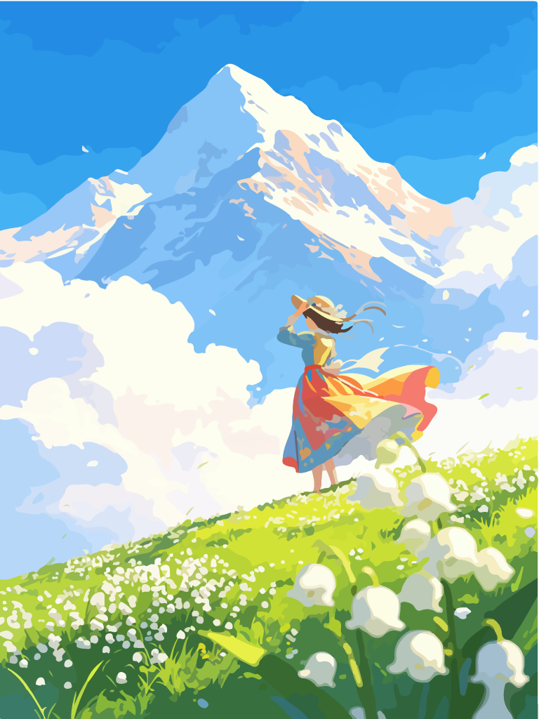 雪山草甸少女唯美插画