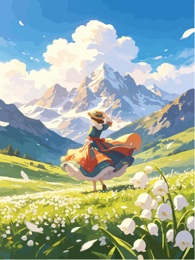 雪山草甸少女唯美插画