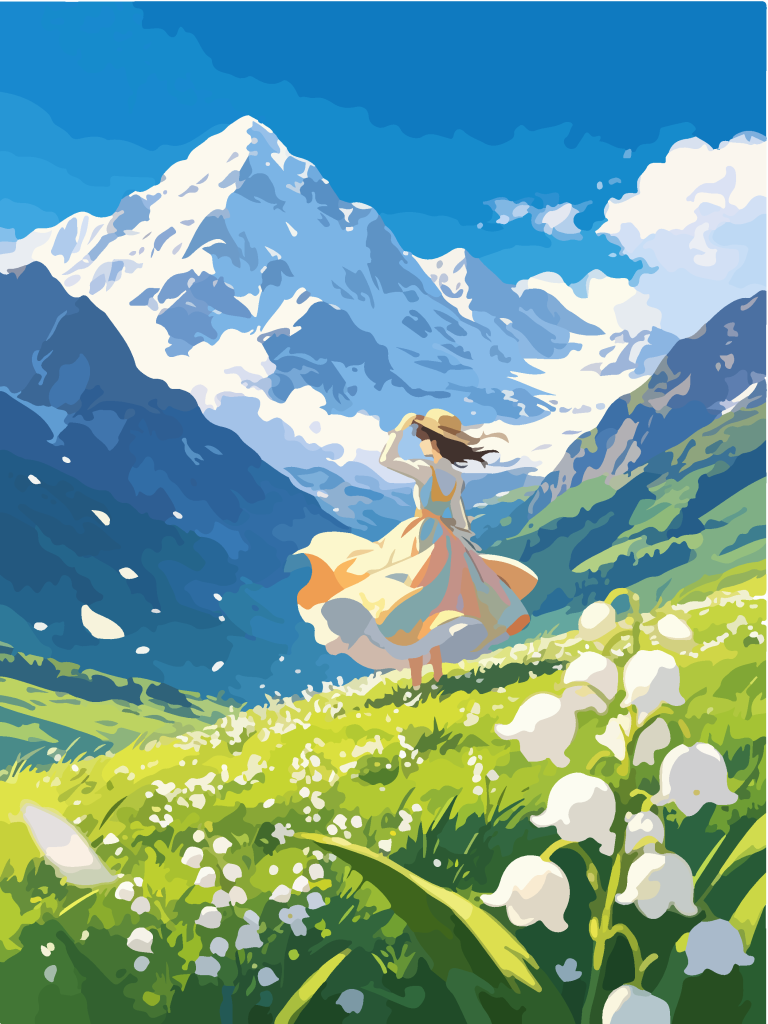 雪山草甸少女唯美插画