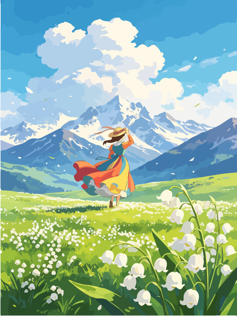 雪山草甸少女唯美插画