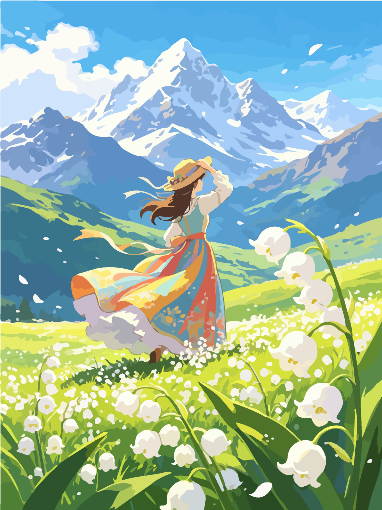 雪山草甸少女唯美插画