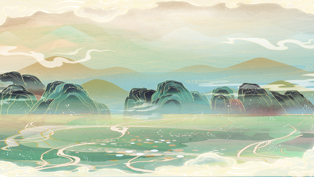 祥云青山国潮风国潮背景插画设计
