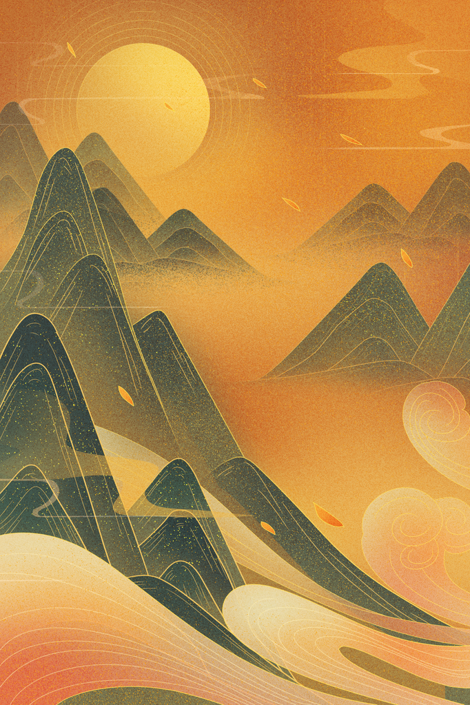 祥云青山国潮风国潮背景插画设计