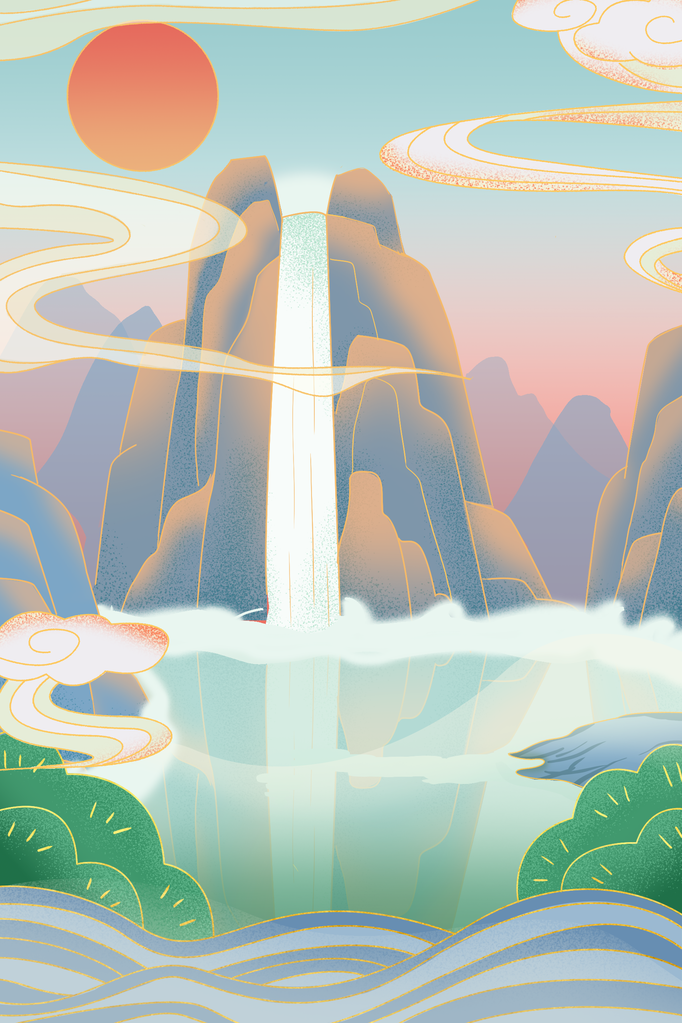 祥云青山国潮风国潮背景插画设计