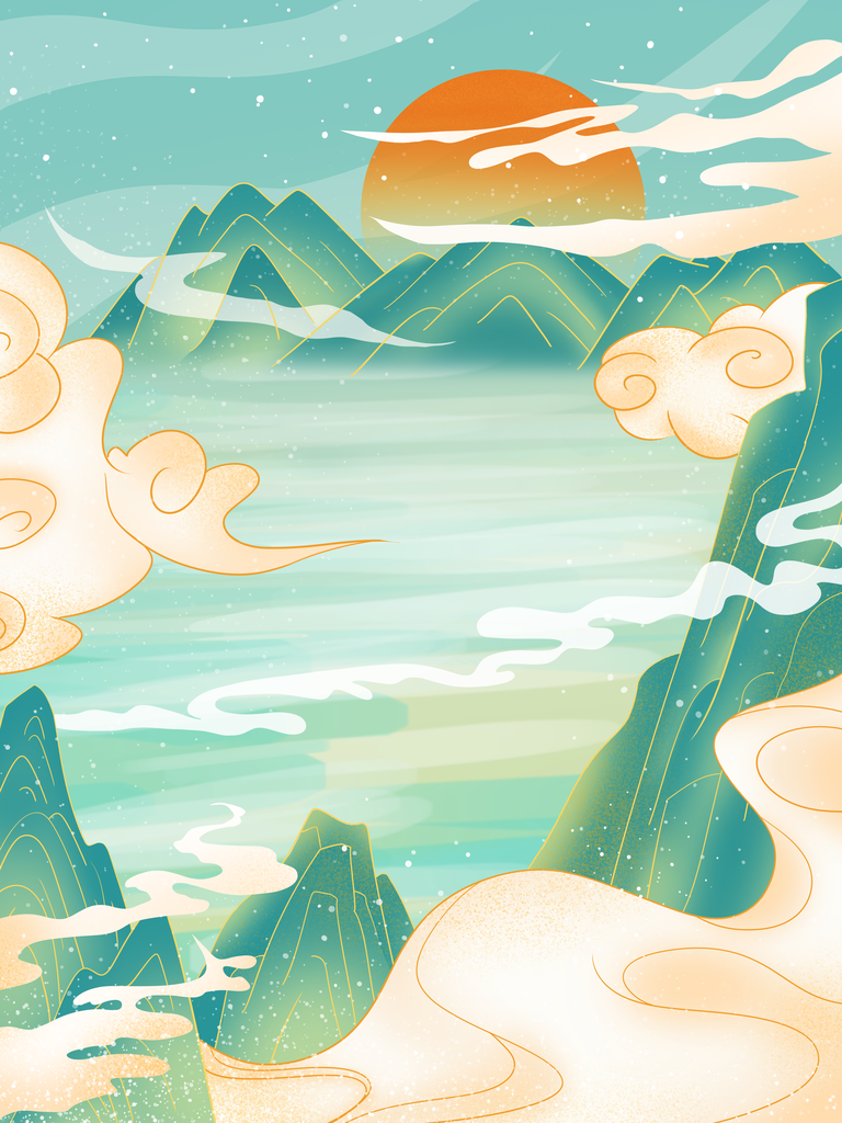 祥云青山国潮风国潮背景插画设计