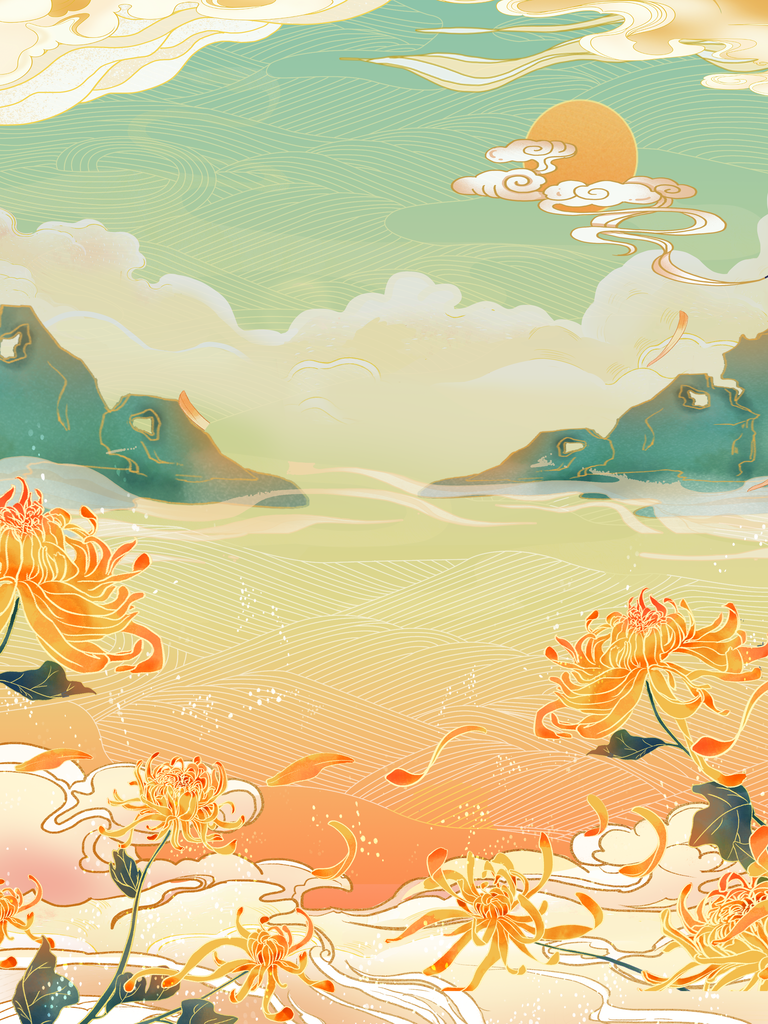重阳节国潮山水菊花国潮风插画背景素材