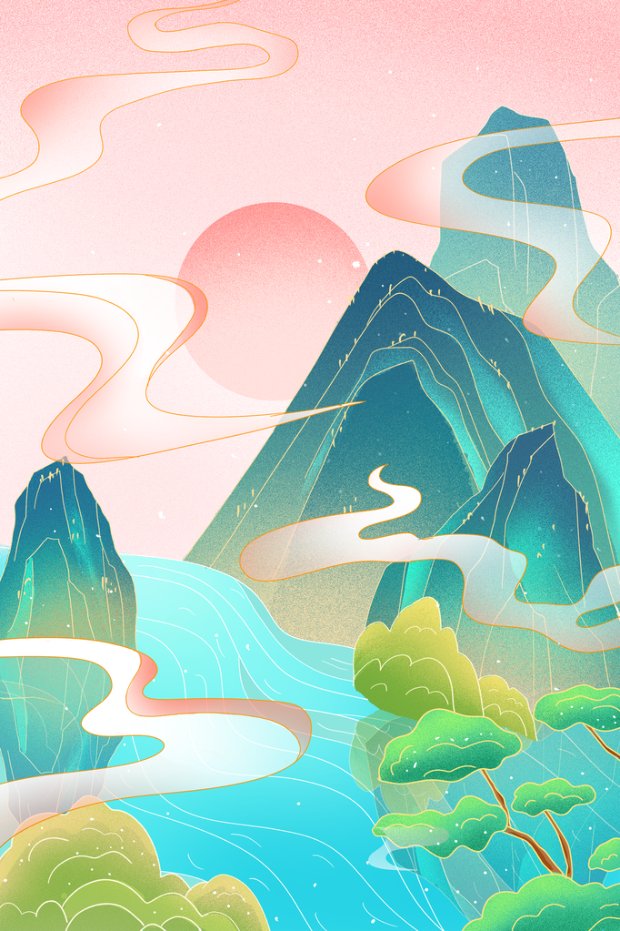 国潮山水国潮风插画背景素材