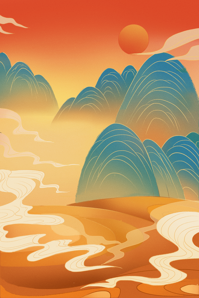 国潮风国潮山水插画背景