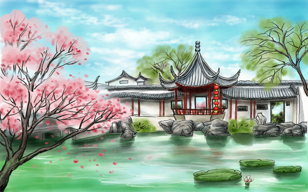 园林水墨中国风国画背景素材