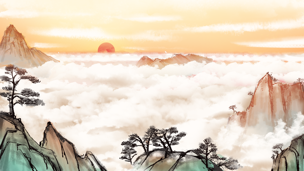 山峰青山云海日出中国风背景设计素材