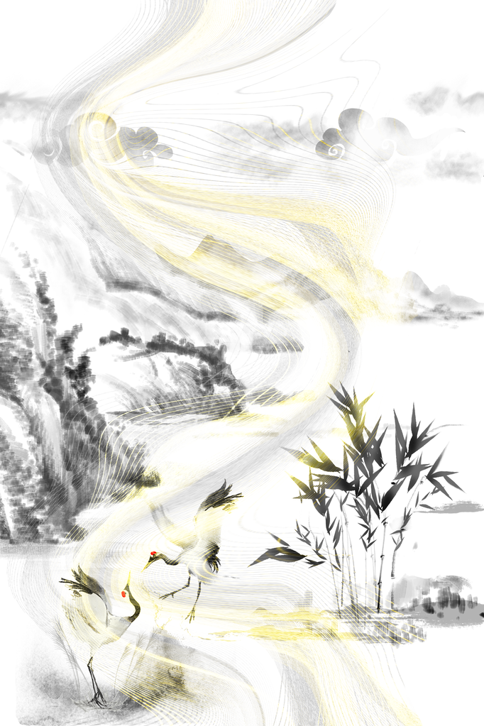 中国风水墨山水仙鹤装饰画素材