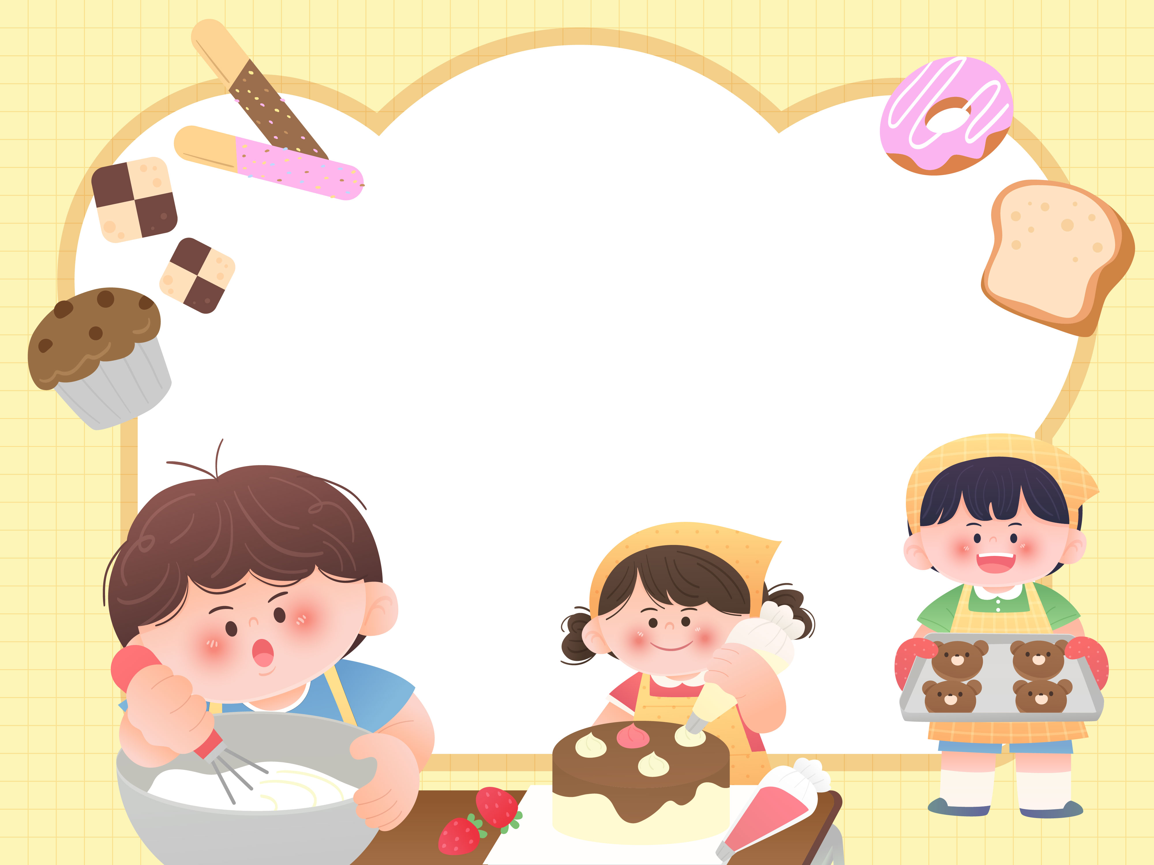 厨艺课孩子学习烘焙做草莓蛋糕儿童教育插画