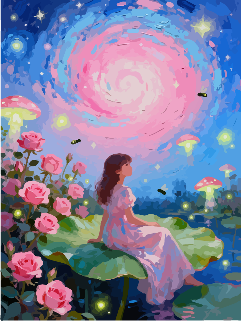 星空下的女孩奇幻插画