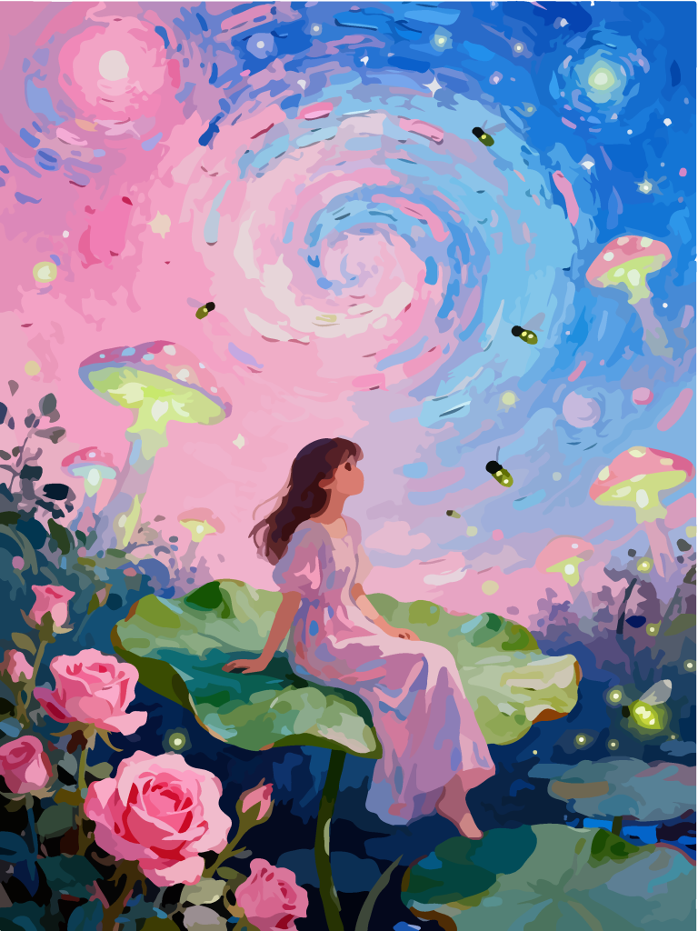星空下的女孩奇幻插画