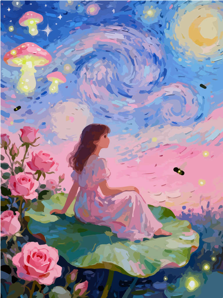 星空下的女孩奇幻插画