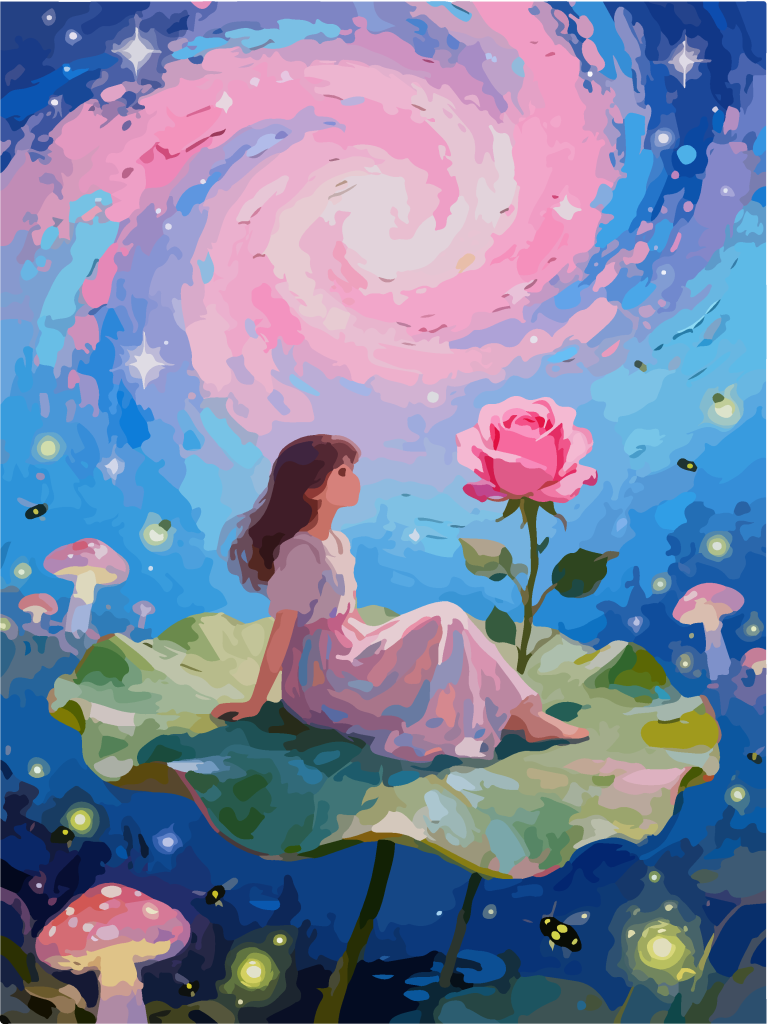 星空下的女孩奇幻插画