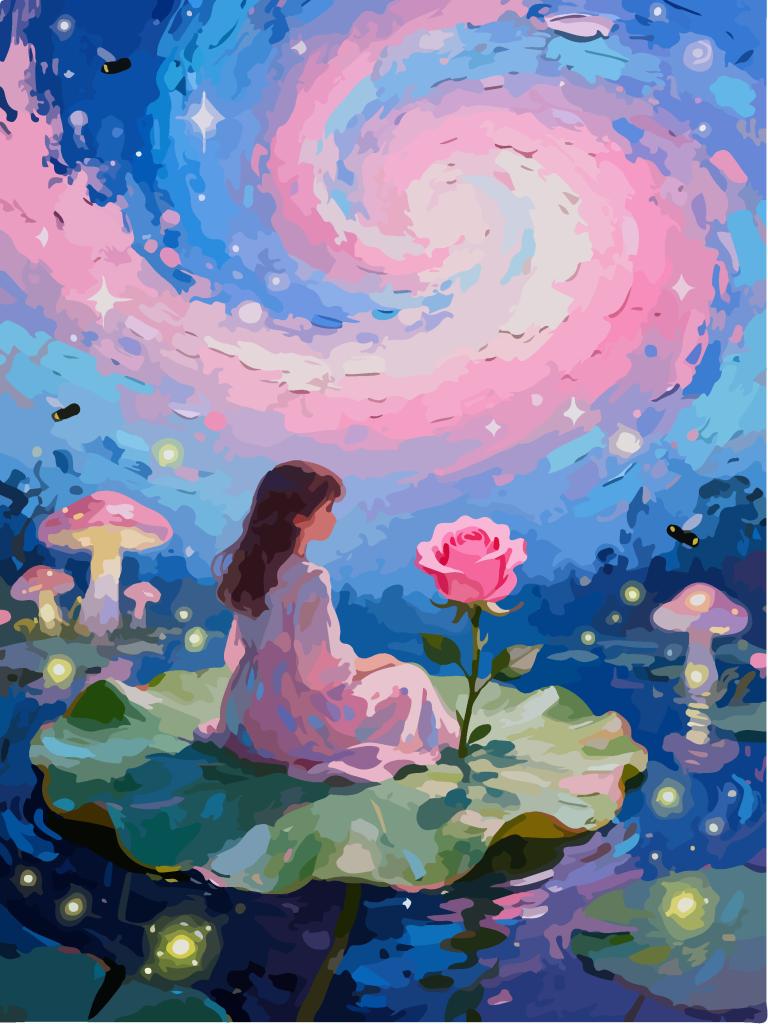星空下的女孩奇幻插画