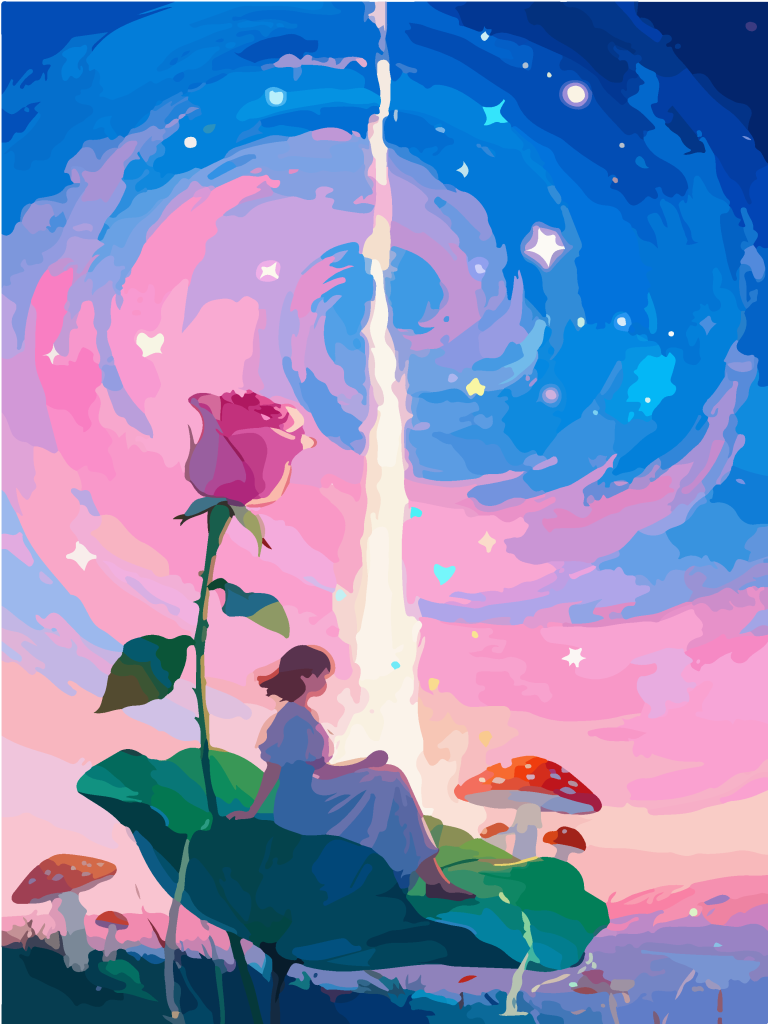 星空下的女孩奇幻插画