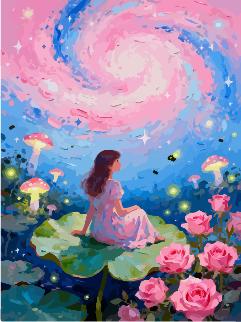 星空下的女孩奇幻插画