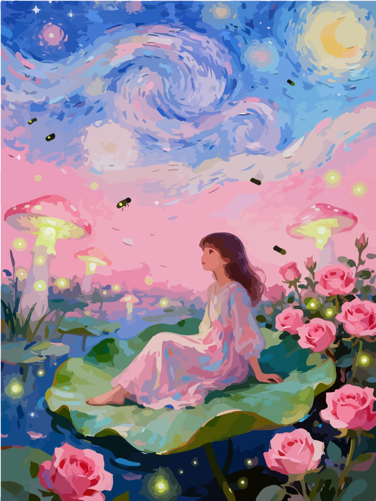 星空下的女孩奇幻插画